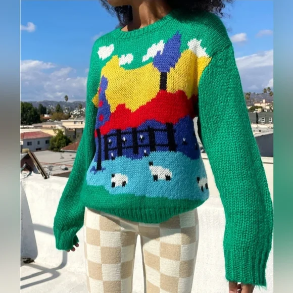 Lisa Says Gah Campagne Sweater Cottage Scene Knit Sweater Size Medium (No Tag) - Picture 1 of 6
